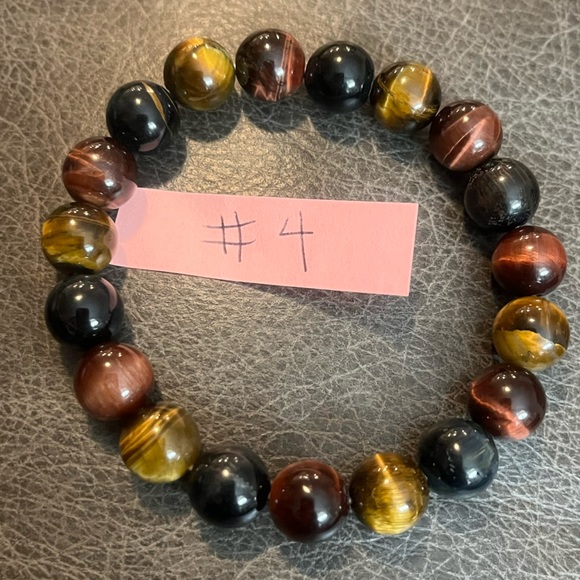 Triple Tigers Eye Stretch Bracelet Yellow Red Blue Tigers Eye Bracelet 14mm Bead - Picture 9 of 10